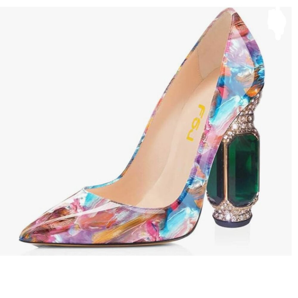 FSJ Purple Floral Pointed Toe Chunky High Heel Crystal Pumps Wedding Dress Shoes